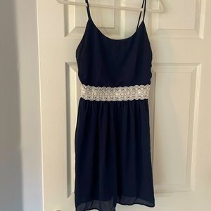 finn & clover navy spaghetti strap dress with cream lace detail